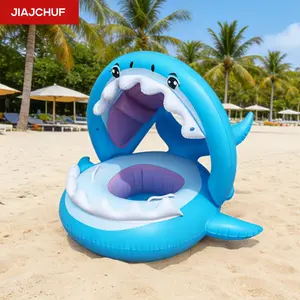3D Shark Shaped Inflatable Swim Ring with Canopy, Realistic Ocean Adventure Design, Thickened PVC, Kids Float for Summer Water Play, Swimming