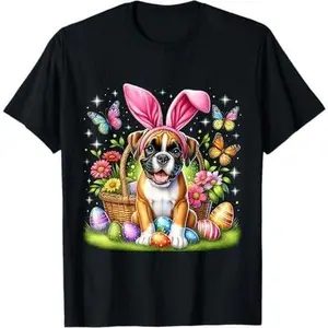 Cute Bunny Boxer Dog Easter Eggs Basket Easter Day Delight T-Shirt