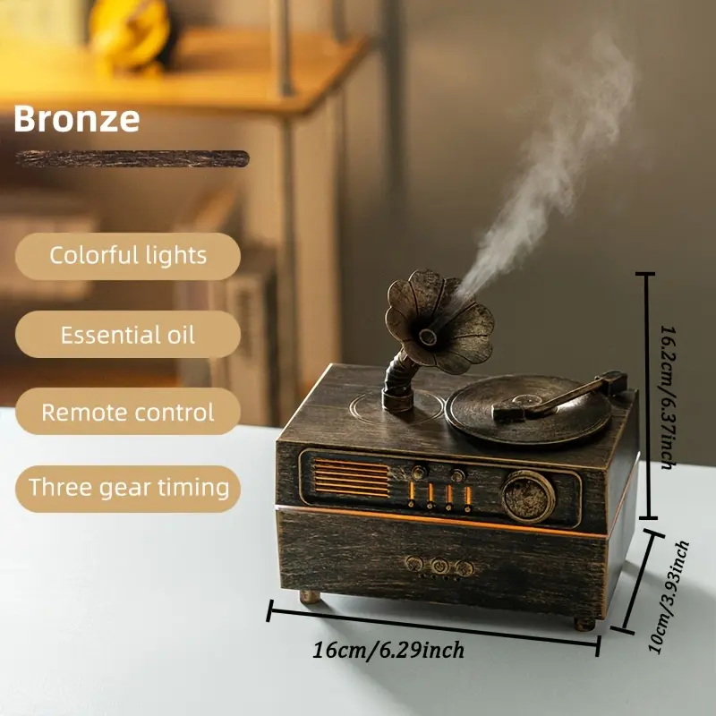 Vintage Gramophone Aroma Diffuser Retro Record Player Essential Oil Humidifier, Color Changing Atmosphere Light, Remote Control & 3 Gear Timing, Quiet Mist Maker Home Desk Decor Gift