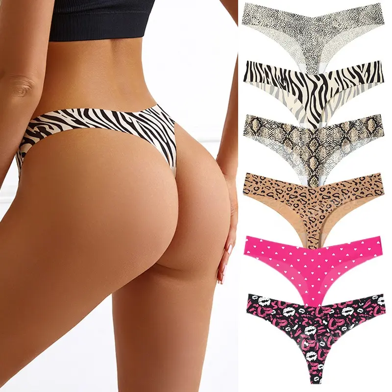 Women's Low-Waist Seamless Traceless Thong Panties - Polyamide Spandex Fabric, Breathable, for Sports & Yoga, Snake, Brown Spotted Leopard, Heart, Zebra Prints, Plain Option, XL Size, Four Seasons