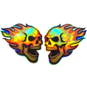 2-Pack Holographic Flaming Skull Stickers - Left and Right Mirror Set - 3.5" x 3.2" Reflective Rainbow Vinyl Decals - 100% Waterproof & UV Resistant for Motorcycles, Helmets, and Laptops - Bold Fire Skull Art - High-Contrast Glossy Finish