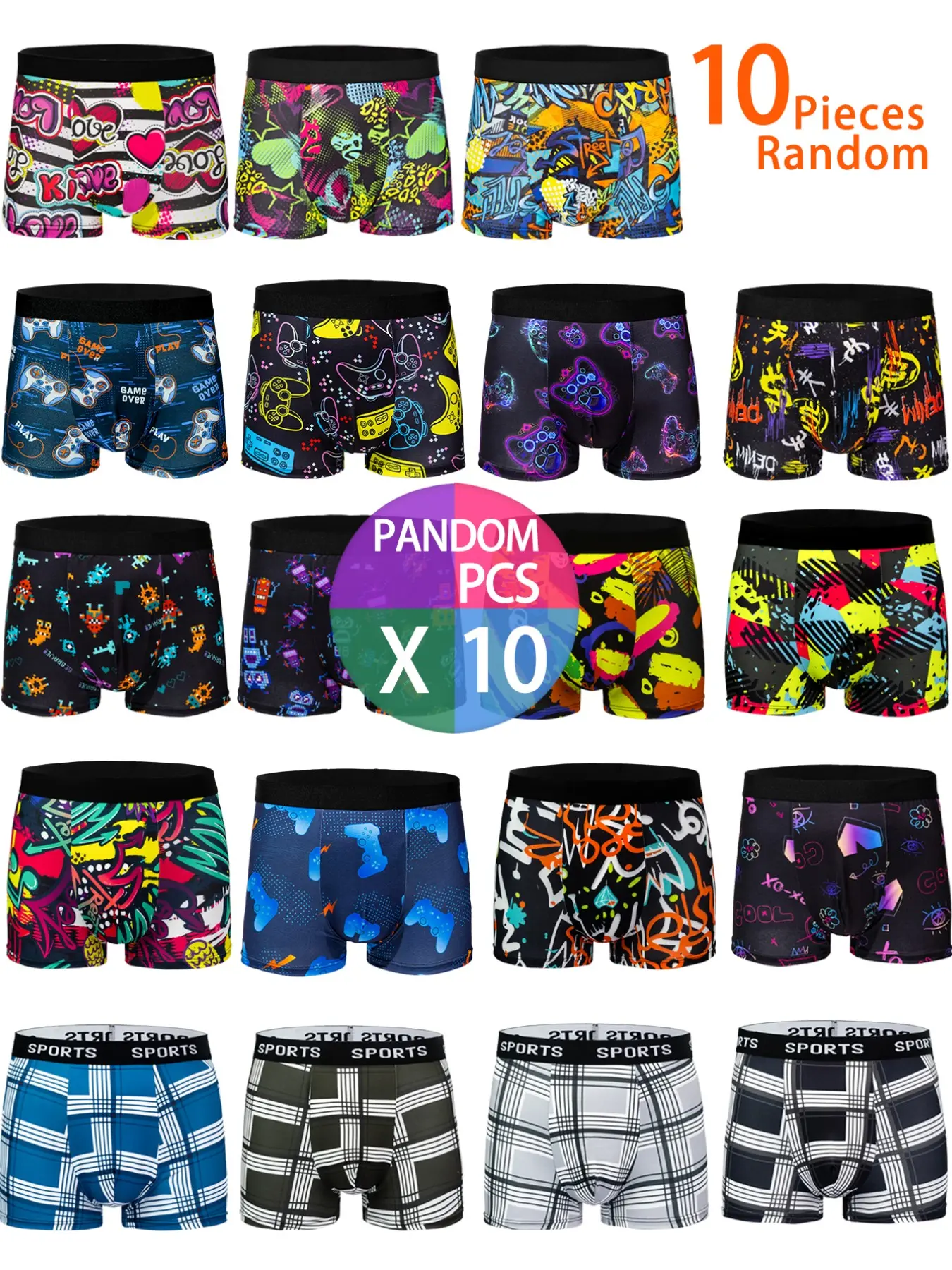 10pcs Men's Boxer Briefs Set, Boxer Brief Pack, Stretchy Boxer Briefs, Comfortable Stretch Trunks, Casual Geometric Patterns, Slim Fit, Lightweight, All Seasons, Casual Comfy Underwear, Polyester Fabric Underwear