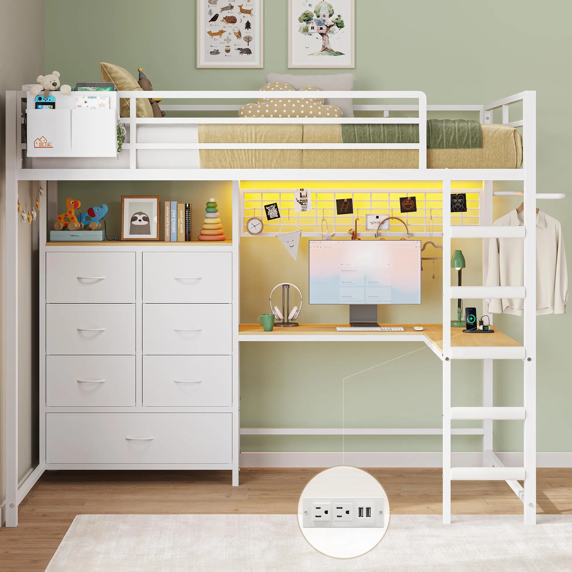 Sikaic Twin Loft Bed with L-Shaped Desk, 7 Storage Drawers, LED Lights & Charging Station, Metal Loft Bed with Safety Guardrail & Ladder, No Box Spring Needed, Home Furniture, Dorm Essentials [tiktokshopbacktoschool]