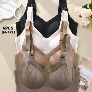 4-Pack Ribbed Seamless Bra | Wire-Free Push-Up Style. Breathable, Comfortable Daily Lift With Wide Adjustable Straps & Back Hook Closure. Your Perfect Invisible Smooth T-Shirt Bra!