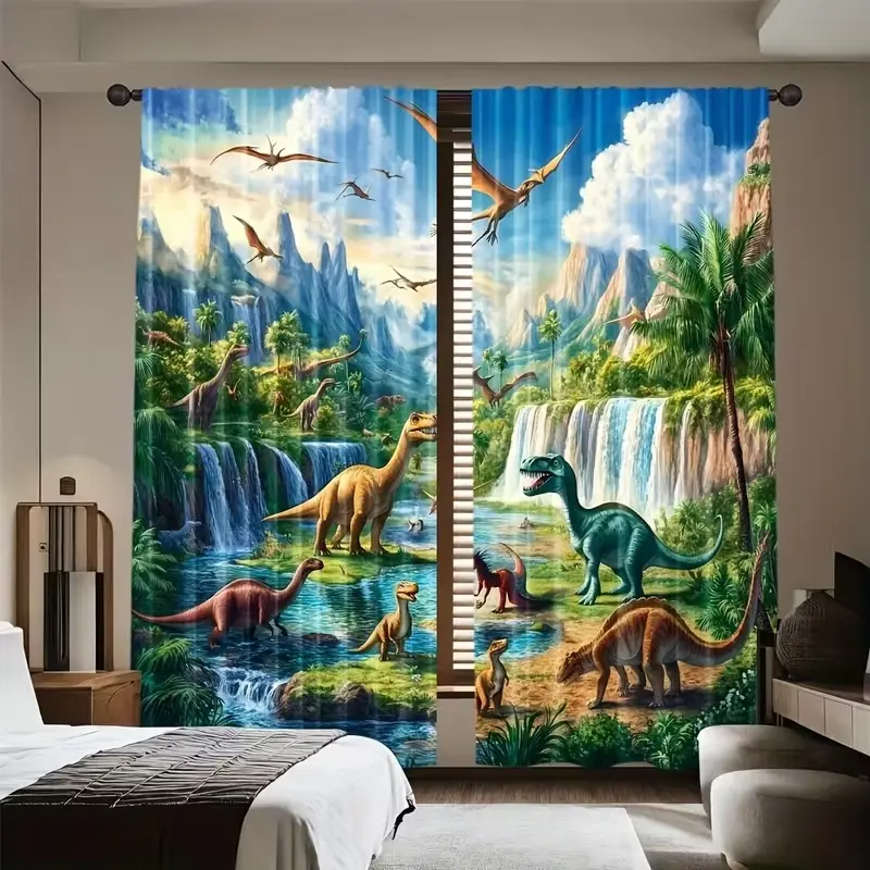 Jurassic Dinosaur Pattern Polyester Curtains, Window Curtain, Multifunctional Outdoor Decor for Bedroom, Modern Style Home Decoration, Interior Decoration Accessories, Home Decorative Curtain (no Rod or Battery)