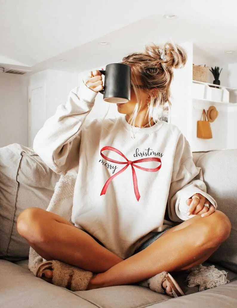 Red Bow Coquette Christmas Sweater, Merry Christmas Bow Sweatshirt, Merry Christmas Coquette Sweater for Holidays, Holiday Bow Sweater