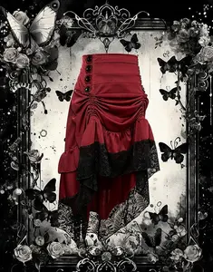 Women’s Red High Waist Lace Ruffle Asymmetrical Midi Skirt, Vintage Gothic Steampunk Layered Mesh Skirt, Sexy Chic Elegant Party Club Streetwear Fashion Outfit, Y2K Trendy Festival Concert Outfit TikTok Viral Fashion