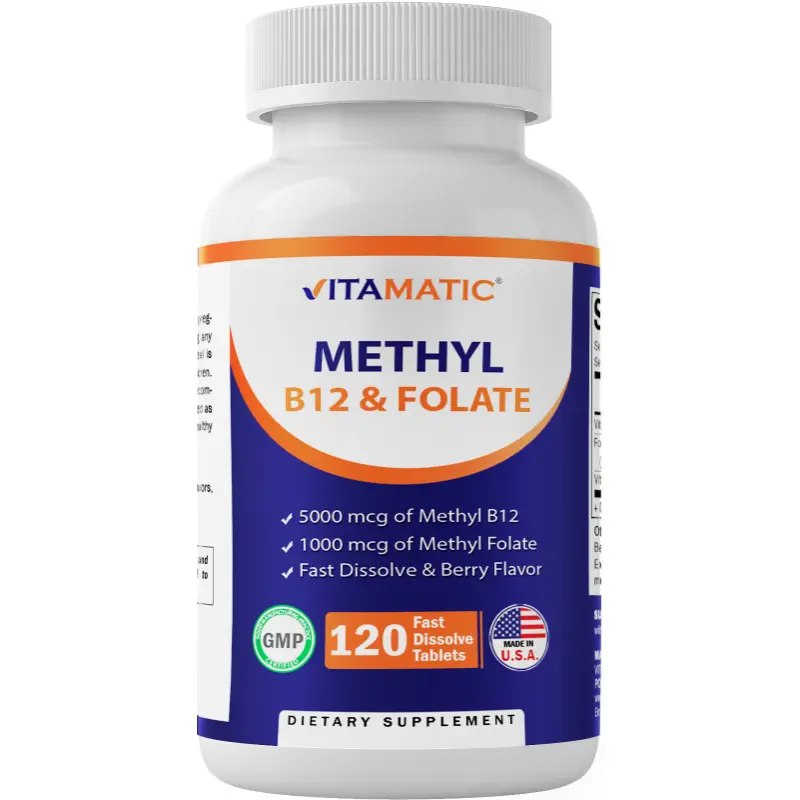 Vitamatic Methyl Folate & B12 Supplement with Pyridoxal 5 Phosphate (P-5-P) - 120 Fast Dissolve Tablets