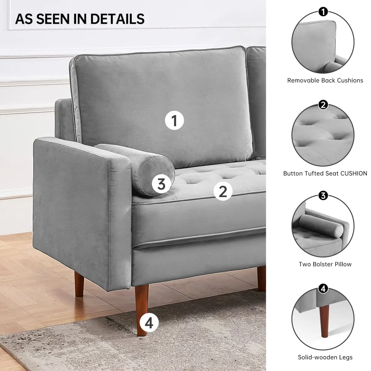American Furniture Classics SS2788V-GY3S 69 in. OS Home & Office Furniture Wide Upholstered Two Cushion Sofa with Bolster Pillows, Grey Velvet