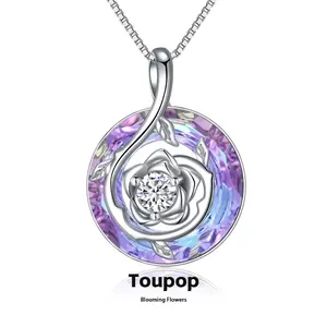 TOUPOP Gifts for Women/Her 925 Sterling Silver Rose Flower Pendant Necklace with Created Round Austrian Crystal Jewelry Christmas Valentine Mothers Day Birthday Gifts for Women Her Wife Girlfriend Mom Mother, 18+2 Inches 925 Silver Box Chain