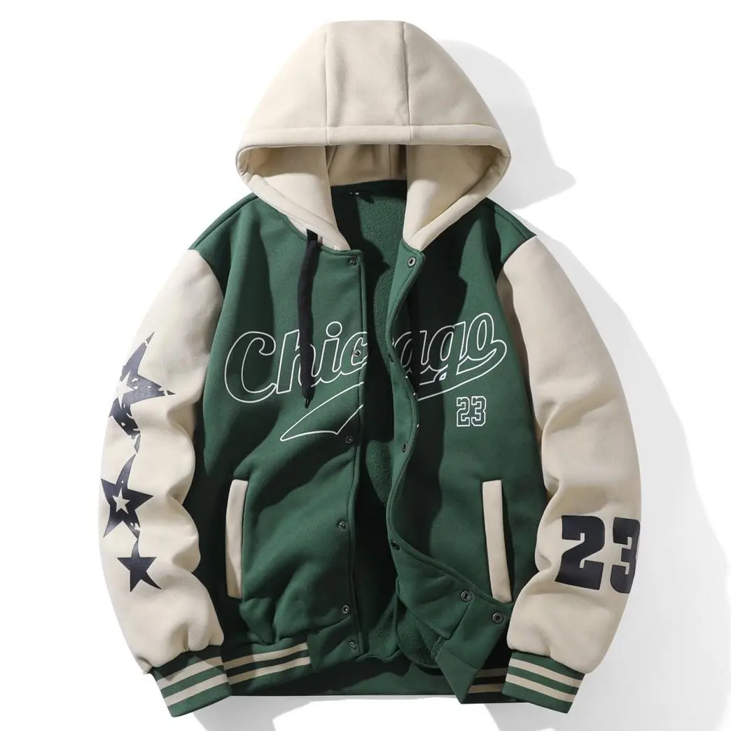 Men’s vintage baseball jacket, color-block letter varsity jacket, button-front streetwear hoodie jacket, graphic print design.