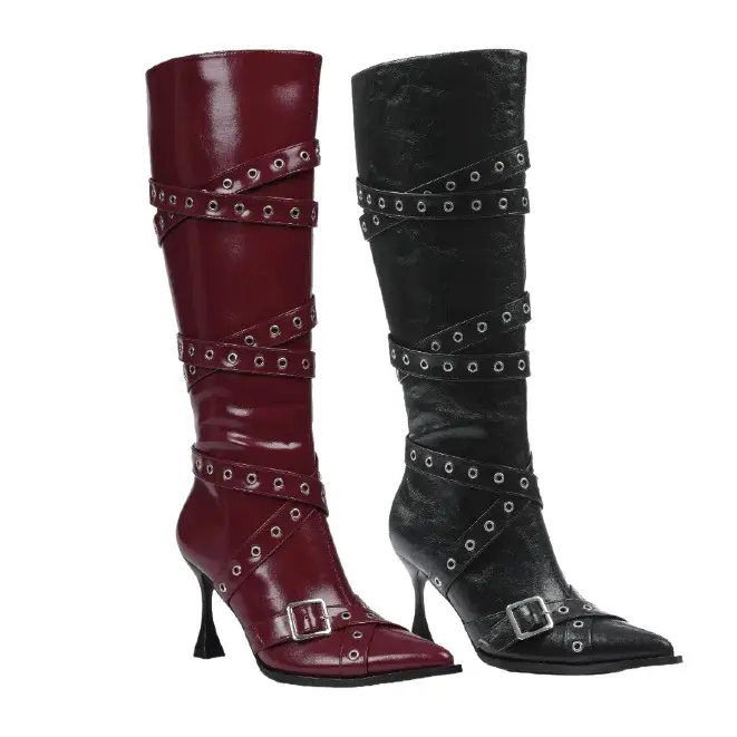 Women's Gothic Punk Pointed Toe Stiletto Heels, Buckle-Accented Knee High Boots with Side Zipper