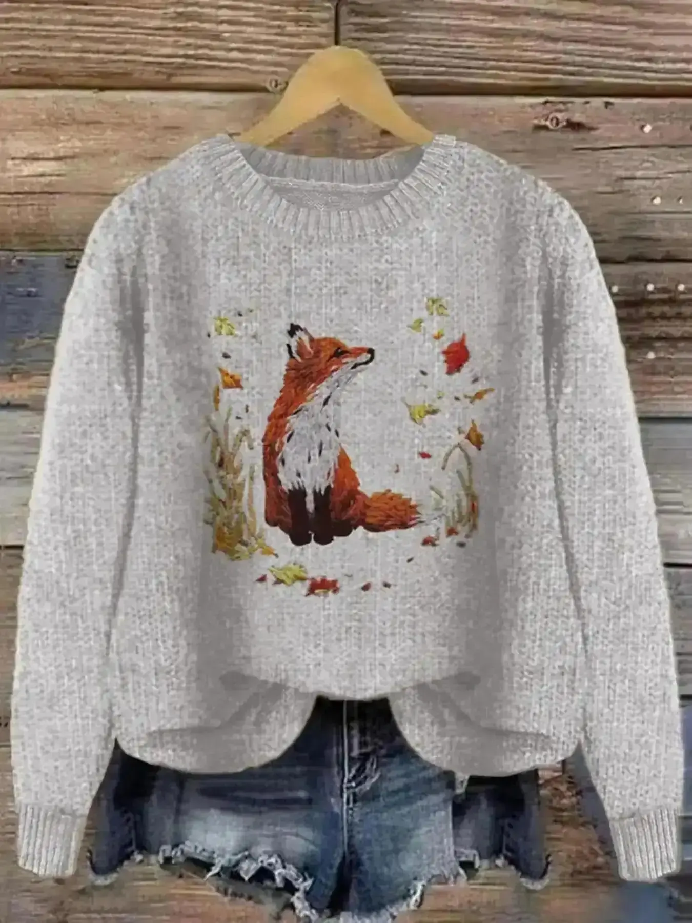 Fashion Winter Layering, Fox & Leaf Print Drop Shoulder Sweater Pullover, Casual Long Sleeve Round Neck Jumper for Fall & Winter, Fashion Ladies' Knitwear Daily Wear, Tops, Womenswear, Basic, Trendy, Versatile, Comfort