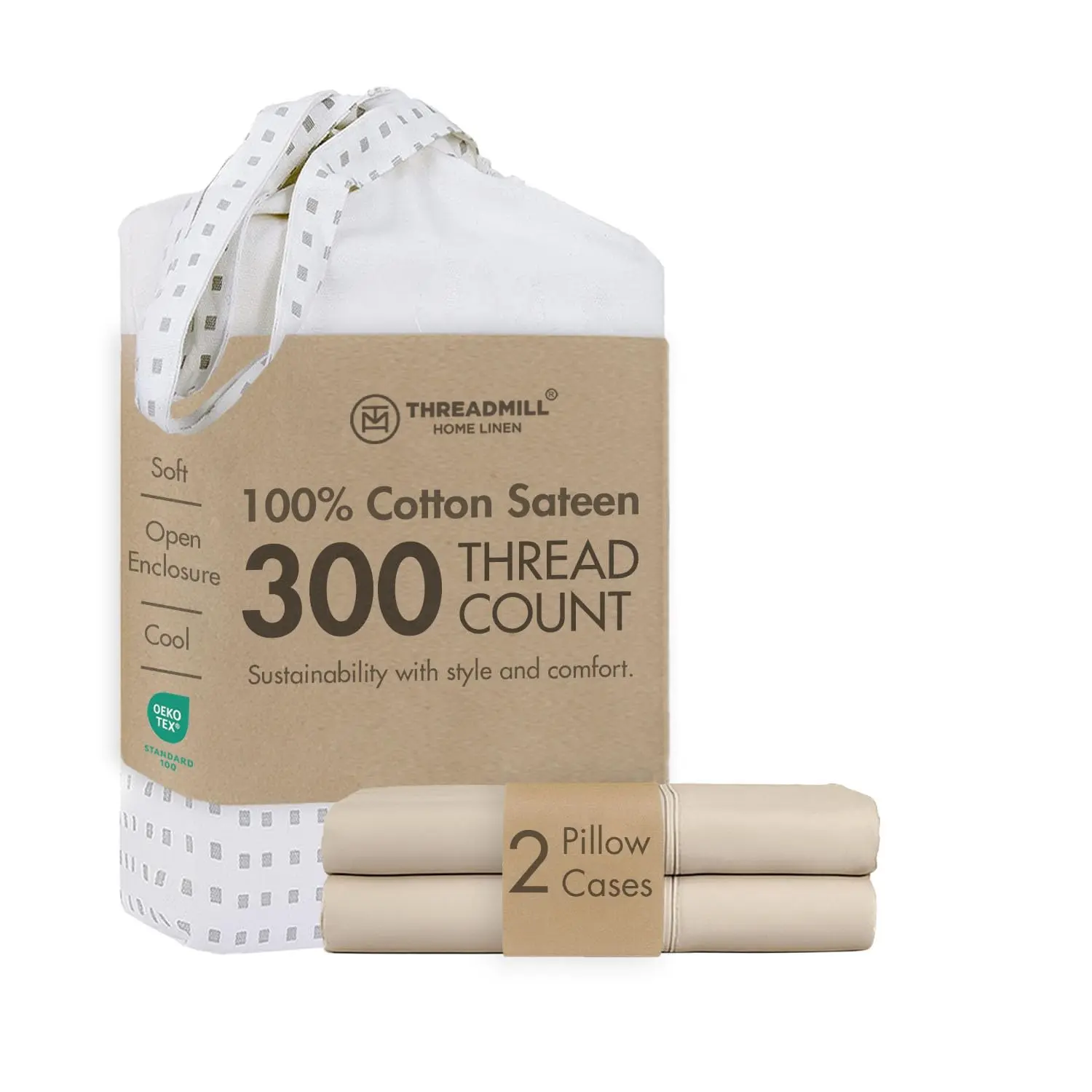 Threadmill Home Linen 2-Piece Premium Pillow Cases Set - 100% Pure Cotton Jacquard Sateen Weave, 300 Thread Count Solid, Cooling Bedding, Hotel Quality, Durable, Eco-Conscious, Soft Breathable Yarns, Wash After Wash for Home Daily Use