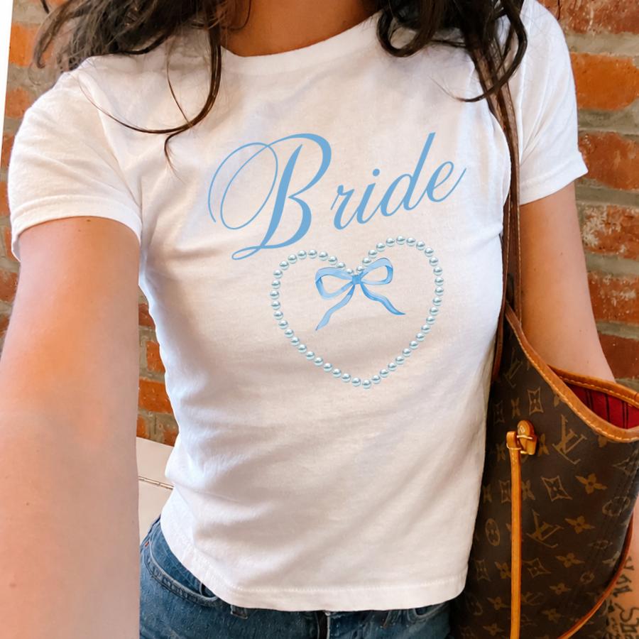 Something Blue Bride Baby Tee for Women, Coquette Bow Bridal Graphic Shirt, Y2K Sassy Wedding Top, Bridal Shower Gift, Retro Bachelorette Outfit