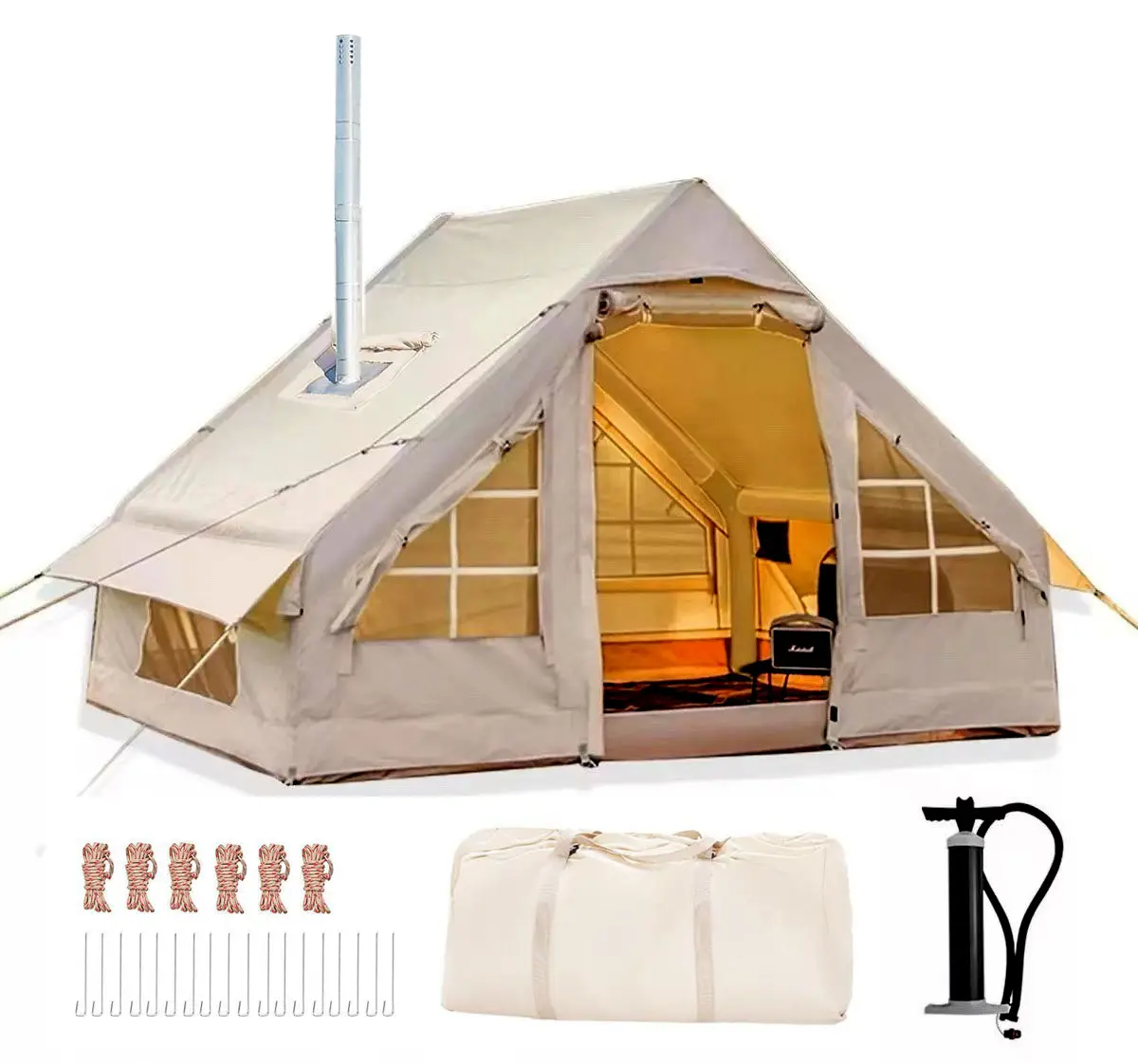 Inflatable Tent with Skylight, Quick Setup Blow Up Tents with Pump, Hot Tent with Stove Jack, Waterproof Oxford Inflatable House for Camping, Air Glamping Tents for Camping Adult