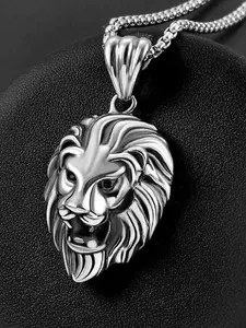 Stylish Oxidized Steel Lion Head Necklace - Hip-Hop Stainless Steel Men's Accessory. "Mighty Lion King" Pendant, Symbol of Strength & Courage. Ideal for Father's Day, Parties, Anniversaries, Back-to-School & Gifting for Him (Dad, Husband, Son).