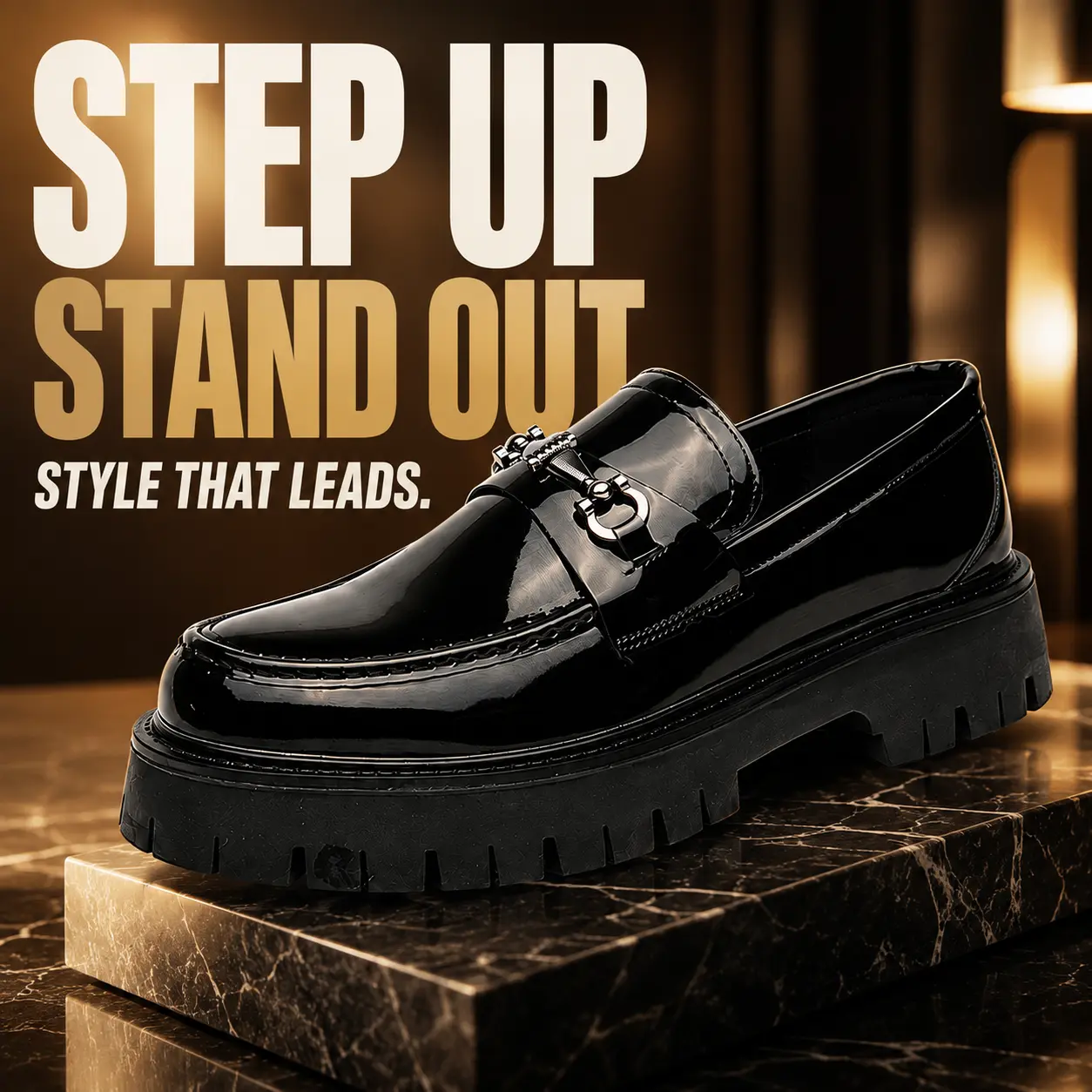 Men’s Patent Leather Chunky Flat Loafer Footwear - Buckle Detailing, Cushiony Slip-On Shoe, Black Metal Buckle, Anti-Slip Thick Lug Sole, for Business & Casual Wear