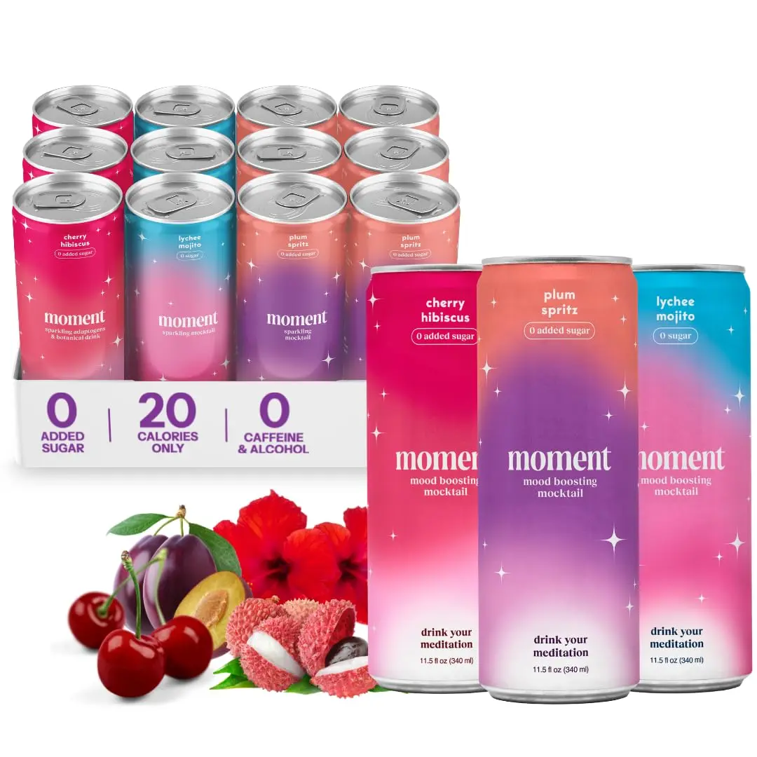 Moment Mocktails Non-Alcoholic Sparkling Adaptogen Drink 12 Pack 11.5 fl oz  Calm Relaxation  L-Theanine Ashwagandha  0 Sugar 0 Caffeine