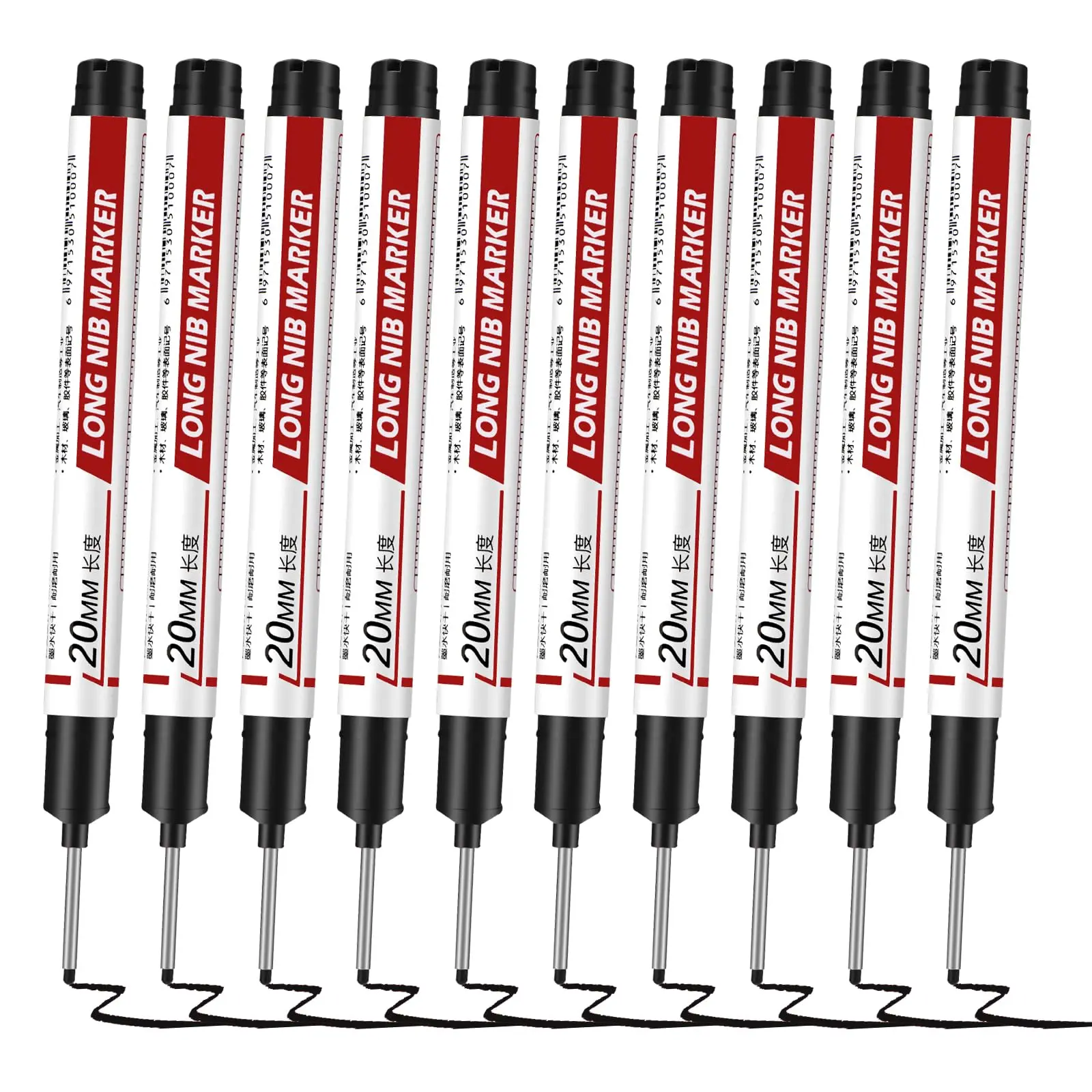 Deep Hole Marker Pens 10 Pack, 20mm Long Nib Tip Waterproof Permanent Markers, Deep Reach Carpenter Marking Tool for Woodworking, Construction, Metal and DIY Projects