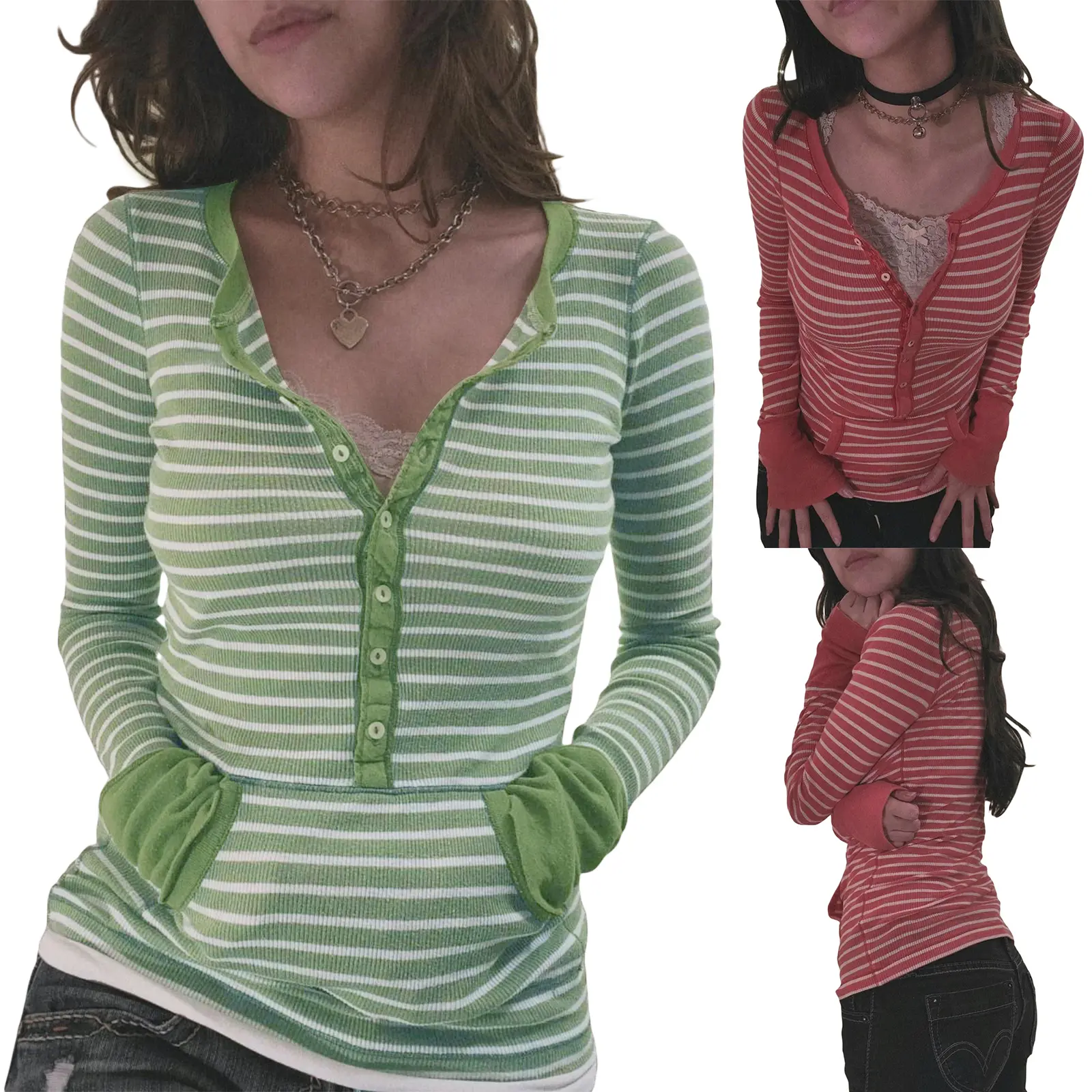 Women's Striped Knit Polo Shirt, Casual Long Sleeve Pullover Top with 3/4 Buttons and Pockets, Soft Everyday Beach Festival Knitwear, Longsleeves, Fashion Apparel, Party, Clothes, Streetwear, Tops, Cute Tops