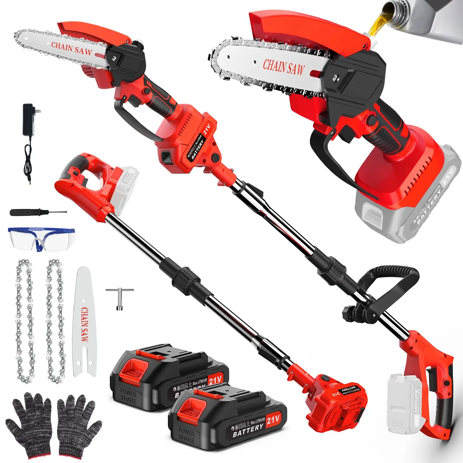 Cordless Pole Saw & Chainsaw 2-in-1 (2025 Upgraded), 8 Inch Mini Chainsaw Cordless with Extension Pole, 2 Batteries, Multi-Angle & Adjustable Pole Saw