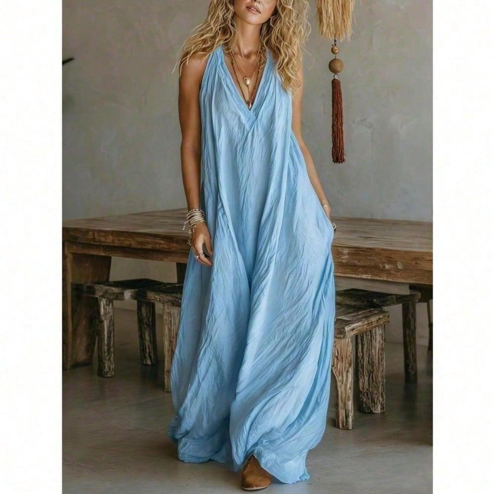 2026 Long Flowy Dresses for Women Cotton Linen V Neck Dress Sleeveless Summer Beach Dress Casual Maxi Dresses for Vacation