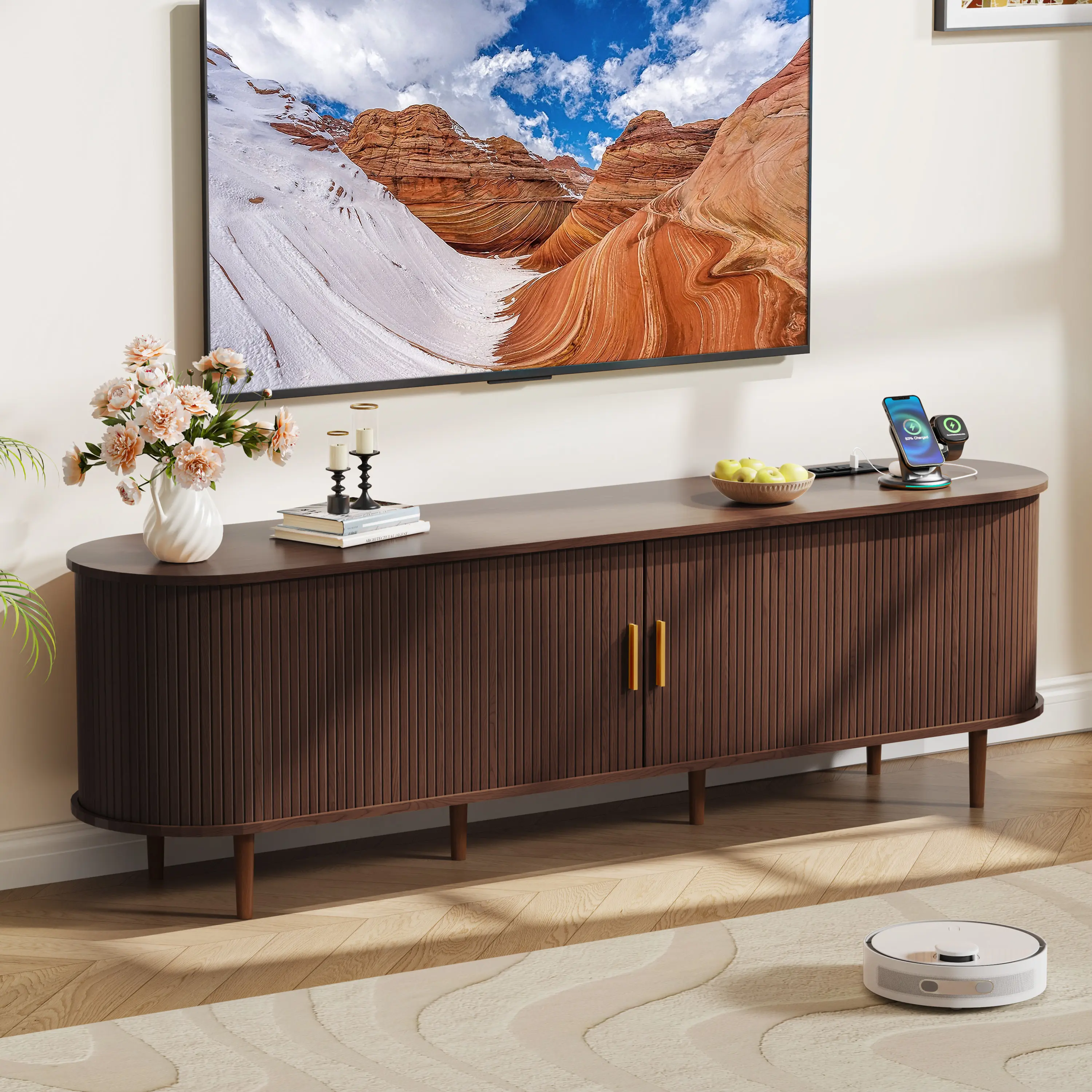 【Fluted TV Stand】DHH Media Console with Tambour Doors, Power Outlets & Adjustable Shelf, 55.11/63/70.86-Inch Options for 60/70/80-Inch TVs campingessentials