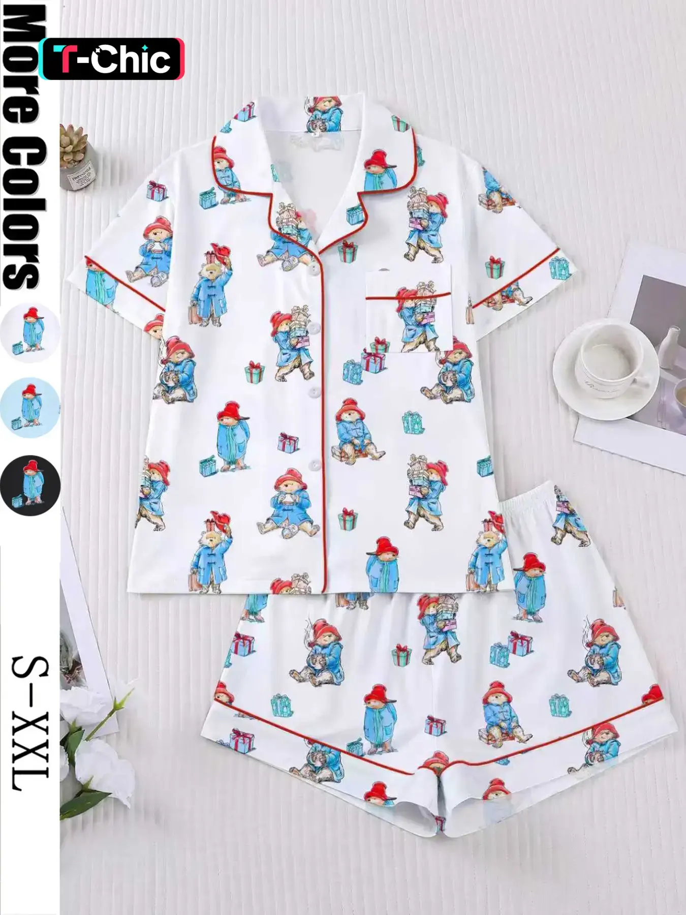 Women's Cute Bear Print Sleepwear Pajama Set, Short Sleeve Lapel Shirt & Loose Elastic Shorts, Casual All-Season Home Wear Loungewear
