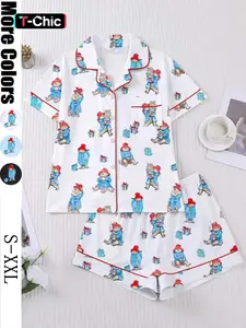 Women's Cute Bear Print Sleepwear Set, Short Sleeve Lapel Shirt & Loose Elastic Shorts, Casual All-Season Home Wear