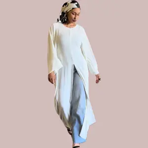 White Front Slit Abaya - Plain Crew Neck with Open Slits on Wrists & Two Inside Ties for Custom Fit