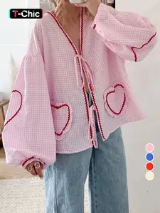 Women's Plaid Print Heart Embroidery Tie Front Blouse, Casual Lantern Long Sleeve V Neck Top for Fall & Winter, Women's Clothing for Daily Wear