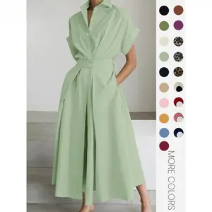 Women's Solid Color Woven Collar Shirt Dress, Summer Casual Short Sleeve Dress, Women's Daily Wear Clothing