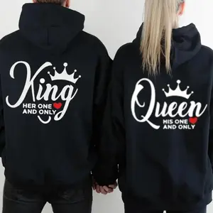 [Graphic Hoodie] “King Queen – His One and Only Her One and Only Crown & Heart Matching Graphic Couple Hoodies Casual Pullover Hooded Sweatshirt for Women for Men, Perfect Gift