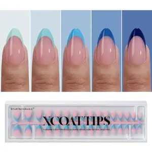 BTArtboxnails XCOATTIPS French Tip Press On Nails - Blue Press On Nails Short, Almond Fake Nail Tips, 160Pcs Soak Off Soft Gel Acrylic Pink Nail Extension in 16 Sizes