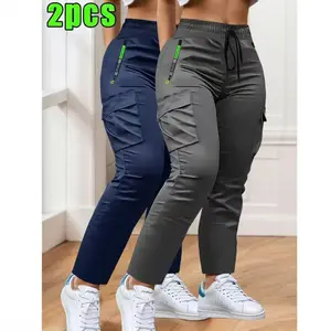 Women’s lightweight spring/autumn casual cargo pants with a drawstring elastic waistband and two large 3D pockets featuring zippers—stylish printed design suitable for outdoor sports like cycling, running, fitness, jogging, hiking, and everyday wear.
