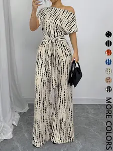 Women's All Over Print Tie Front Wide Leg Jumpsuit, Casual Asymmetrical Neck Jumpsuit for Spring & Fall, Women's Clothes for Daily Wear