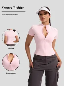 Women's Short Sleeve Yoga Jacket, Fitted Sporty Style, Colorblock Design, All Seasons Outerwear, No Padding, Plain Pattern, Athletic Outerwear, Spring Sports Jacket, Zipper Sports Coat
