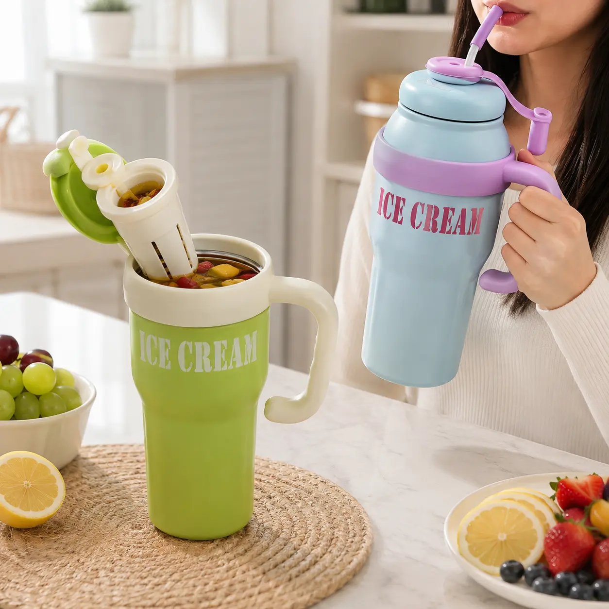 37oz Cute Insulated Tumbler with Handle, Straw and Removable Tea Infuser, Stainless Steel Travel Mug for Water, Coffee, Tea, Office and School