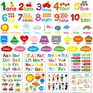 Alphabet Numbers Wall Decals - 12 Sheets Color Weather Learning Educational Stickers, Peel and Stick Solar System Shape Decals for Kids Toddlers Classroom Playroom Bedroom Decorations