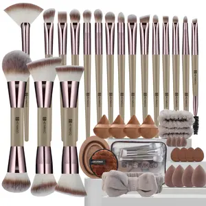 40PCS Dual-Ended Flawless Makeup Brushes Set, Multi-Functional Beauty Tools with Sponge, Puff, Headband & Cleaning Bowl, Portable Brushes for Foundation, Concealer, Contour & Eyeshadow, Ideal Gift for Beginners, MUA, Mom & Women(Champagne)