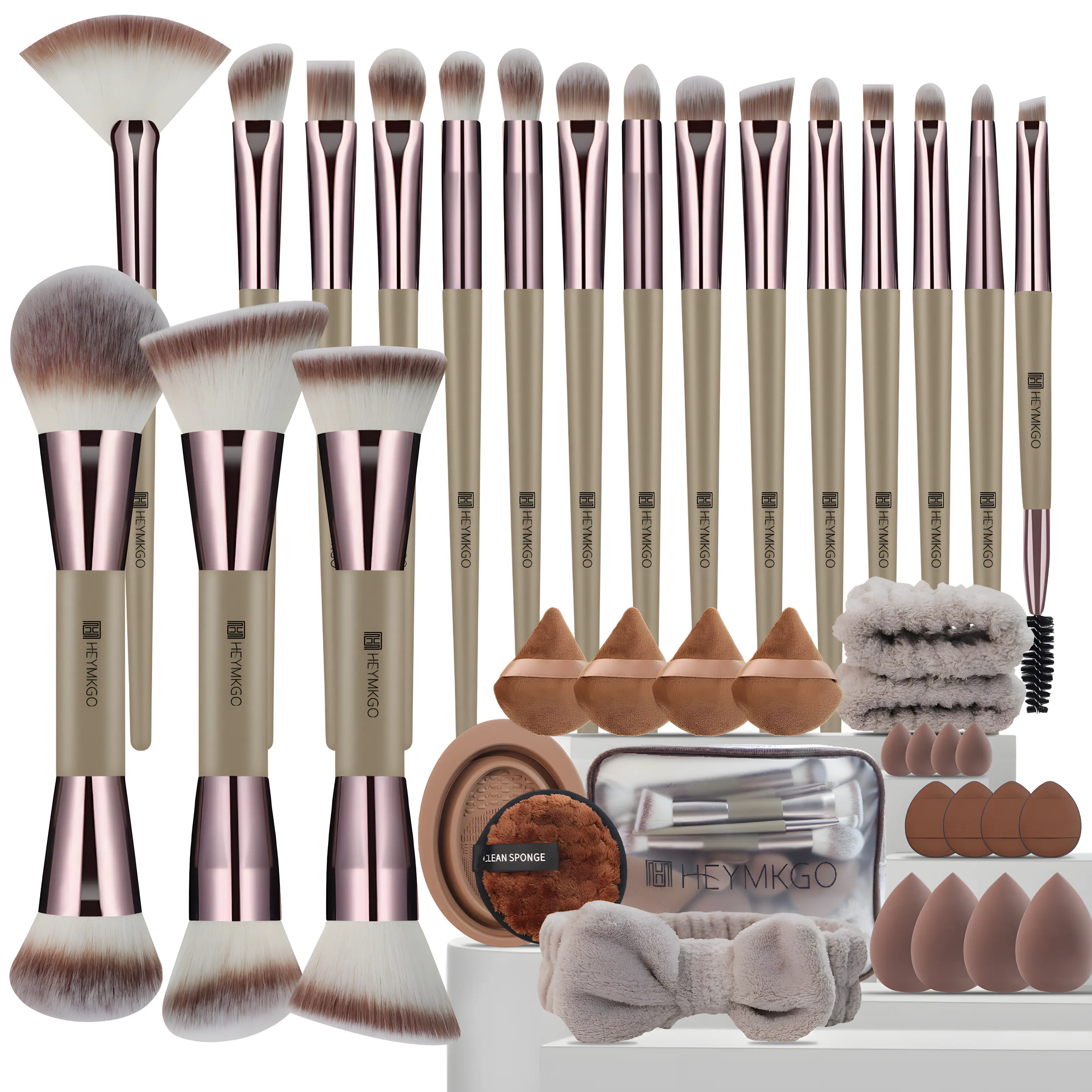 40PCS Dual-Ended Flawless Makeup Brushes Set, Multi-Functional Beauty Tools with Sponge, Puff, Headband & Cleaning Bowl, Portable Brushes for Foundation, Concealer, Contour & Eyeshadow, Ideal Gift for Beginners, MUA, Mom & Women(Champagne)