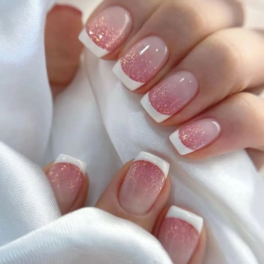 24 pieces short bright surface square white French gradient glitter detachable wearable nails beauty nails French Tips Nails