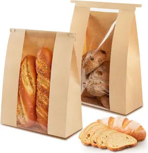50 count Large Paper Bread Bags for Sourdough Bread, 13.7 x 8.2 x 3.5 Inches Bakery Bags with Window, Homemade Bread Loaf Bags with Tin Tie Tab Lock