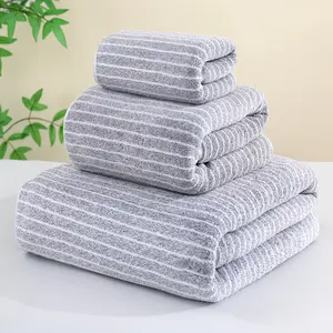 3-Piece Bathroom Towel Set with Striped Pattern - 1 Bath Towel + 1 Hand Towel + 1 Washcloth, Soft Absorbent Fabric for Family Daily Use & Guest Room, Premium Bath Towels