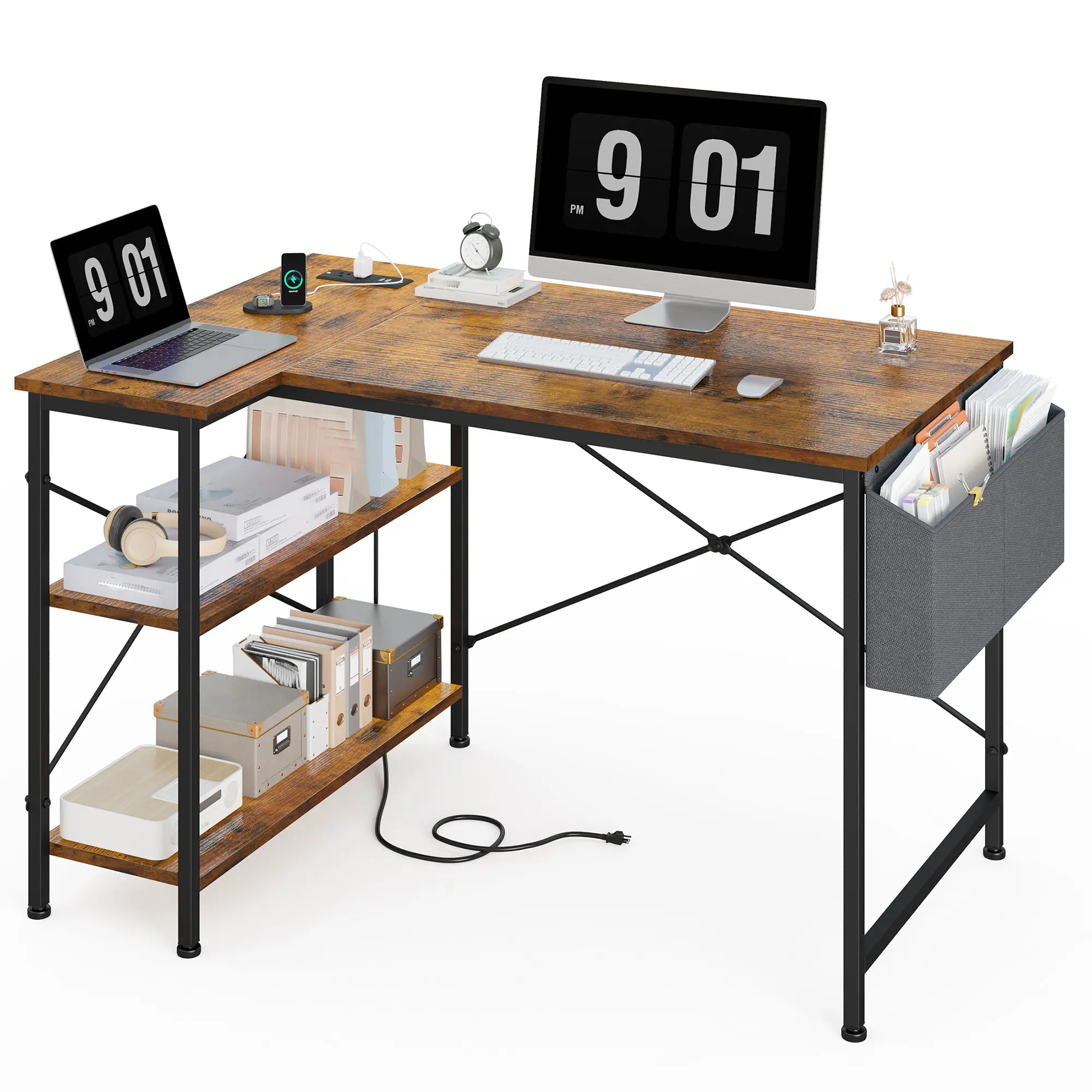 【Clearance-Price drop】47‘’ L-Shaped Gaming Desk for small space, Computer Desktop with Power Outlets & USB Ports, Reversible Corner Table, Side Shelves Bag for Home Office Use & Space-saving, Children's Study Desks, Commercial Desks, Compact Office Desk