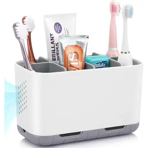 Toothbrush and Toothpaste Holder Drainage for Bathroom Countertop with Adjustable Dividers, Large Toothpaste Caddy Organizer Storage Rustic Decor Set Anti-