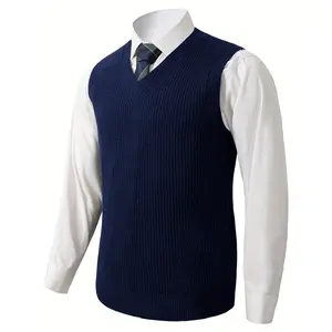 Menswear V-Neck Warm Acrylic Blend Vest - Casual, Relaxed Fit Sleeveless Plain Knit Pullover Top
