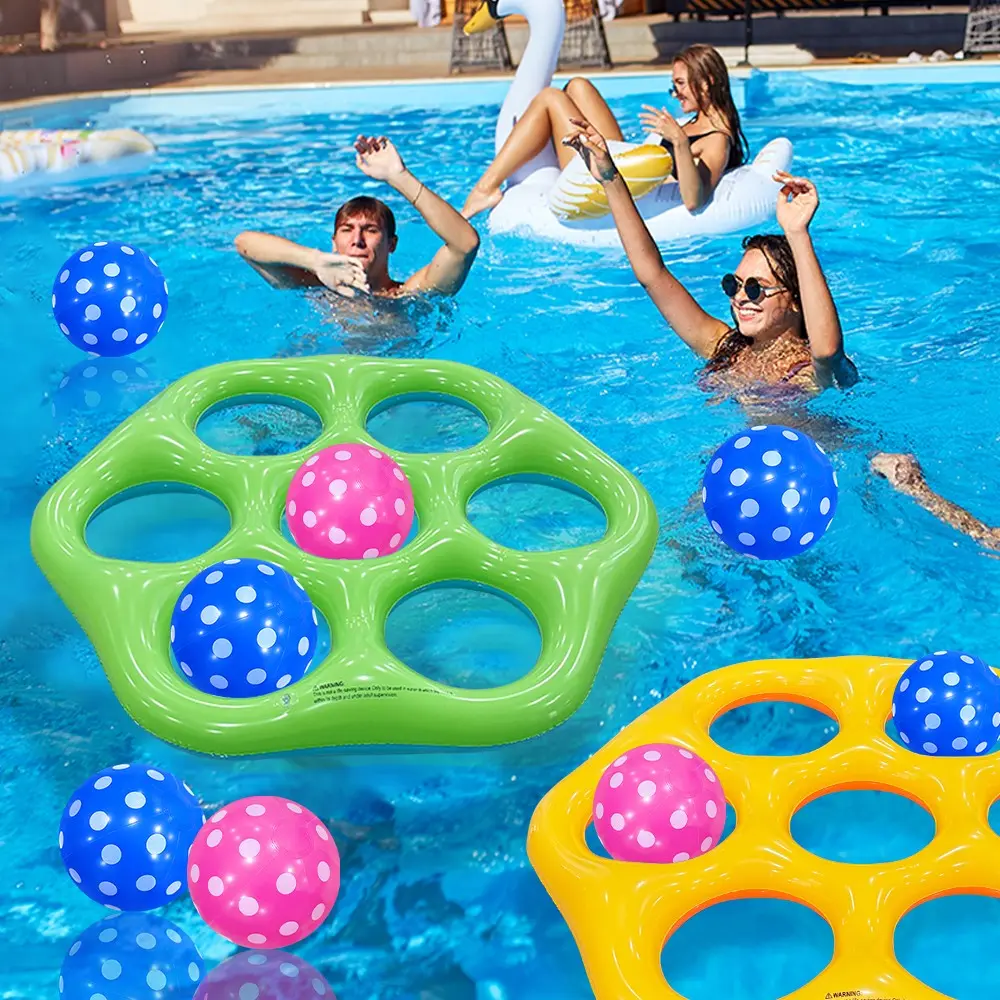Hexagonal Shape Inflatable Beach Pool Toy Throwing Game Play Set with Scoring Circles, Includes One Hexagon + 7 Colorful Balls, Water Toys for Pool, Beach, Outdoor Games & Parties, Fun Interaction, Water Activities, Summer Fun