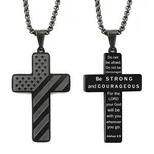 Black American Flag Patriotic Cross Necklace Bible Verse Pendant Necklace Chain Jewelry Gifts Stainless Steel